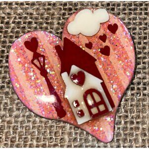 Vintage Lucinda Heart Shape Pin Glittery House Valentine Theme Red Pink Cream